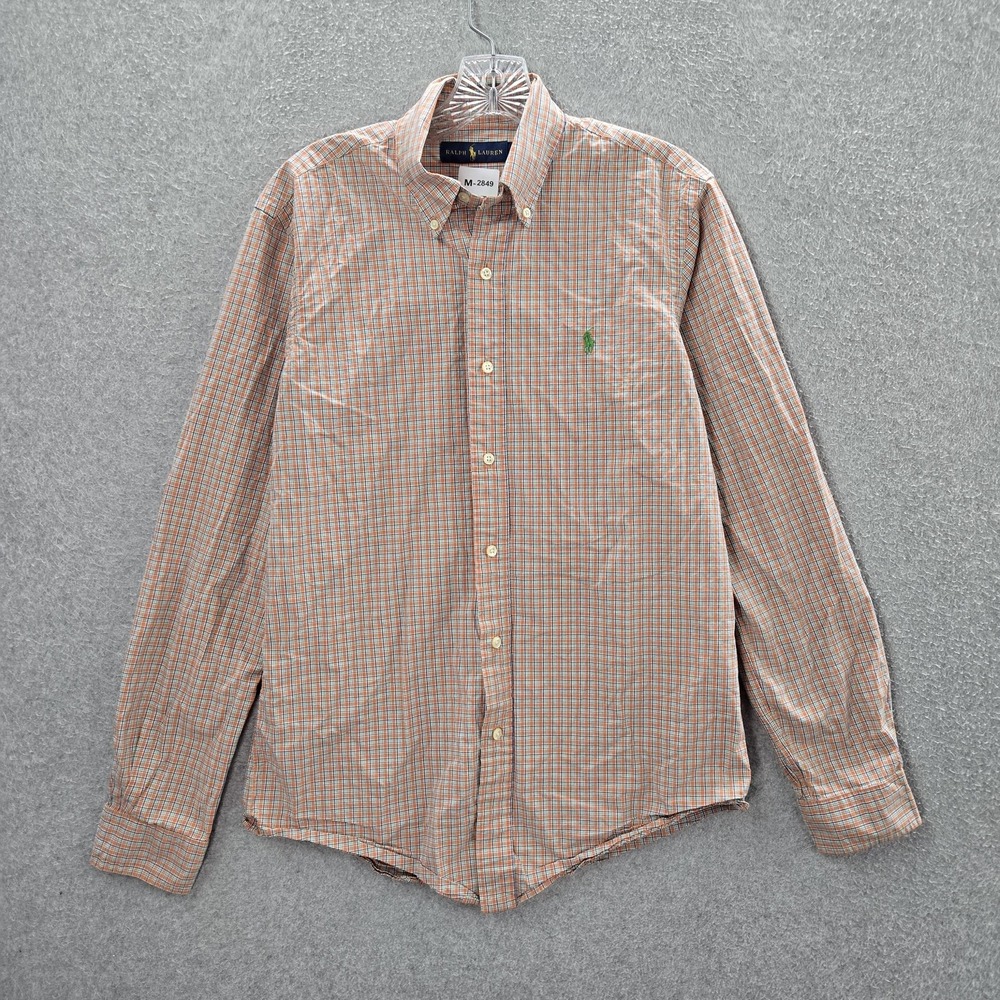 Ralph Lauren Men Button Up Shirt S Orange Logo Plaid Classic‎ Long Sleeve Collar